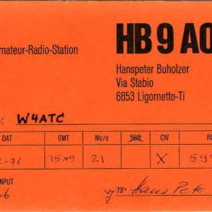 QSL Card from HB9AOW, Ligornetto, Switzerland, to W4ATC, NC State Student Amateur Radio