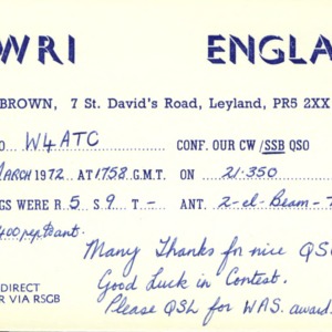 QSL Card from G3WRI, Leyland, England, to W4ATC, NC State Student Amateur Radio