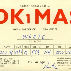 QSL Card from OK1MAS, Pardubice, Czechoslovakia, to W4ATC, NC State Student Amateur Radio