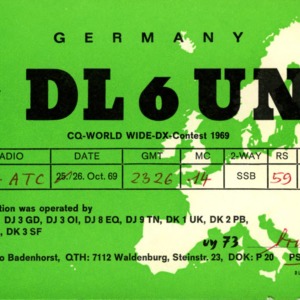 QSL Card from DL6UN, Waldenburg, Germany, to W4ATC, NC State Student Amateur Radio