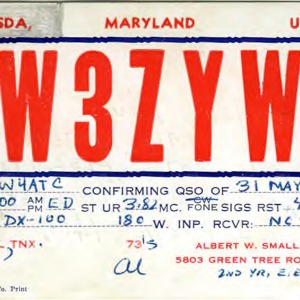 QSL Card from W3ZYW, Bethesda, Md., to W4ATC, NC State Student Amateur Radio