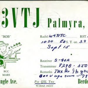 QSL Card from W3VTJ, Palmyra, Pa., to W4ATC, NC State Student Amateur Radio