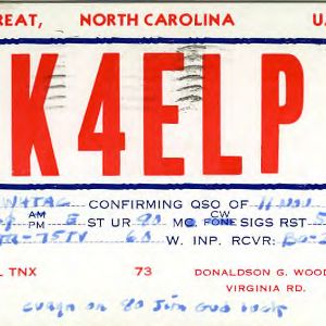QSL Card from K4ELP, Montreat, N.C., to W4ATC, NC State Student Amateur Radio