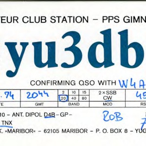 QSL Card from YU3DBJ, Maribor, Yugoslavia, to W4ATC, NC State Student Amateur Radio