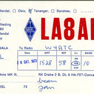 QSL Card from LA8AK, Mandal, Norway, to W4ATC, NC State Student Amateur Radio