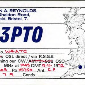 QSL Card from G3PTO, Bristol, England, to W4ATC, NC State Student Amateur Radio