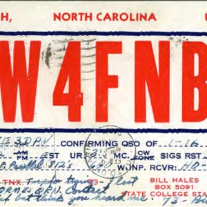 QSL Card from W4FNB, Raleigh, N.C., to W4ATC, NC State Student Amateur Radio