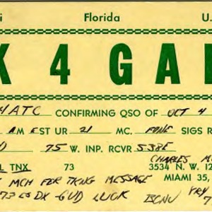 QSL Card from K4GAB, Miami, Fla., to W4ATC, NC State Student Amateur Radio