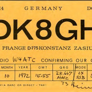 QSL Card from DK8GH, Konstanz, Germany, to W4ATC, NC State Student Amateur Radio