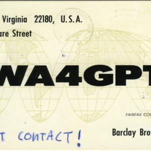QSL Card from WA4GPT, Vienna, Va., to W4ATC, NC State Student Amateur Radio