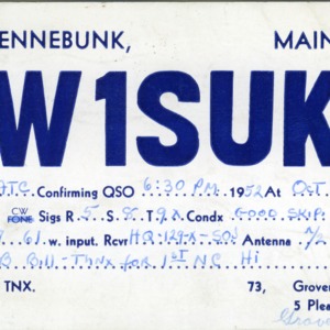 QSL Card from W1SUK, Kennebunk, Maine, to W4ATC, NC State Student Amateur Radio