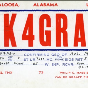 QSL Card from K4GRA, Tuscaloosa, Ala., to W4ATC, NC State Student Amateur Radio