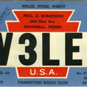 QSL Card from W3LEZ, Broomall, Pa., to W4ATC, NC State Student Amateur Radio