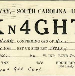 QSL Card from KN4GHT, Conway, S.C., to W4ATC, NC State Student Amateur Radio