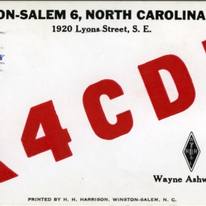 QSL Card from K4CDZ, Winston-Salem, N.C., to W4ATC, NC State Student Amateur Radio