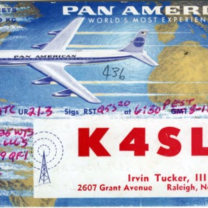 QSL Card from K4SLA, Raleigh, N.C., to W4ATC, NC State Student Amateur Radio
