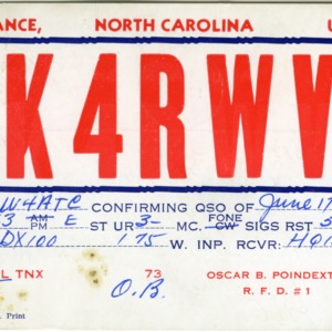 QSL Card from K4RWV, Advance, N.C., to W4ATC, NC State Student Amateur Radio