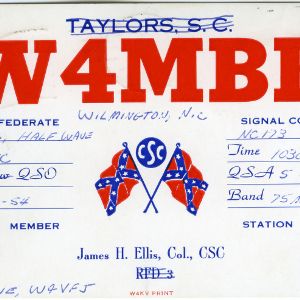 QSL Card from W4MBR, Wilmington, N.C., to W4ATC, NC State Student Amateur Radio