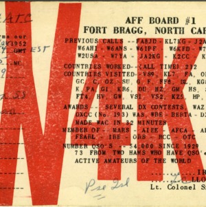 QSL Card from W4KE, Fort Bragg, N.C., to W4ATC, NC State Student Amateur Radio