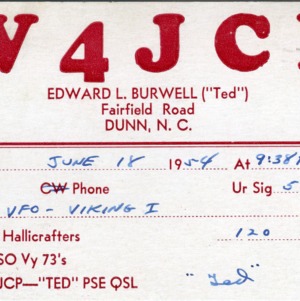 QSL Card from W4JCP, Dunn, N.C., to W4ATC, NC State Student Amateur Radio