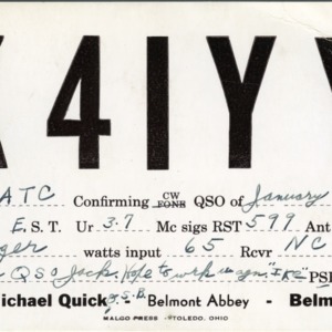 QSL Card from K4IYY, Belmont, N.C., to W4ATC, NC State Student Amateur Radio