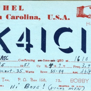 QSL Card from K4ICI, Bethel, N.C., to W4ATC, NC State Student Amateur Radio