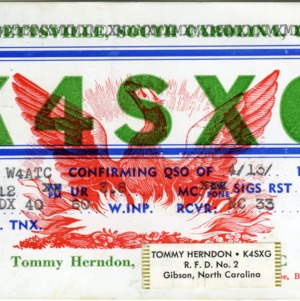 QSL Card from K4SXG, Gibson, N.C., to W4ATC, NC State Student Amateur Radio