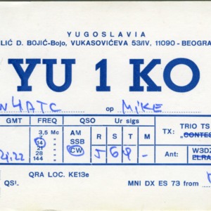 QSL Card from YU1KO, Beograd, Yugoslavia, to W4ATC, NC State Student Amateur Radio