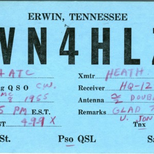 QSL Card from WN4HLZ, Erwin, Tenn., to W4ATC, NC State Student Amateur Radio