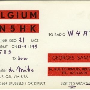 QSL Card from ON5HK, Brussels, Belgium, to W4ATC, NC State Student Amateur Radio