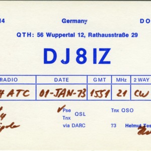 QSL Card from Dj8IZ, Wuppertal, Germany, to W4ATC, NC State Student Amateur Radio
