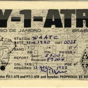 QSL Card from ZY1ATR, Rio De Janeiro, Brazil, to W4ATC, NC State Student Amateur Radio