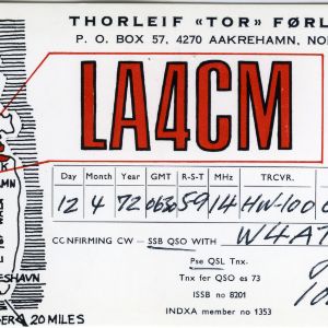 QSL Card from LA4CM, Aakrehamn, Norway, to W4ATC, NC State Student Amateur Radio