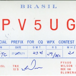 QSL Card from PV5UG, Blumenau, Brazil, to W4ATC, NC State Student Amateur Radio