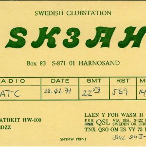 QSL Card from SK3AH, Härnösand, Sweden, to W4ATC, NC State Student Amateur Radio
