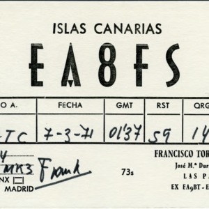 QSL Card from EA8FS, Las Palmas, Canary Islands, to W4ATC, NC State Student Amateur Radio
