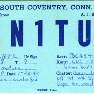 QSL Card from WN1TUX, South Coventry, Conn., to W4ATC, NC State Student Amateur Radio