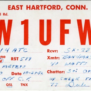QSL Card from W1UFW, East Hartford, Conn., to W4ATC, NC State Student Amateur Radio