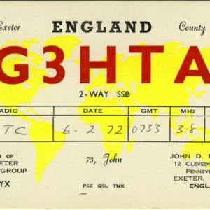QSL Card from G3HTA, Exeter, England, to W4ATC, NC State Student Amateur Radio