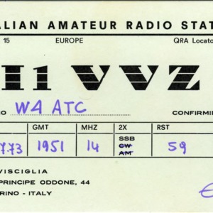 QSL Card from I1V VZ, Torino, Italy, to W4ATC, NC State Student Amateur Radio
