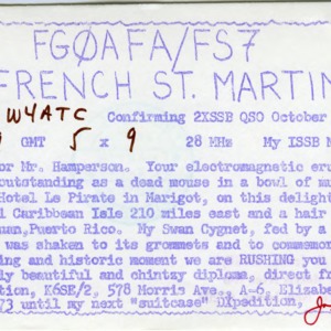QSL Card from FG0AFA/FS7, French St. Martin, to W4ATC, NC State Student Amateur Radio