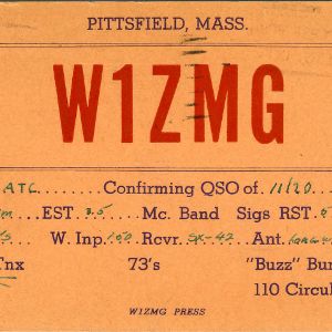 QSL Card from W1ZMG, Pittsfield, Mass., to W4ATC, NC State Student Amateur Radio