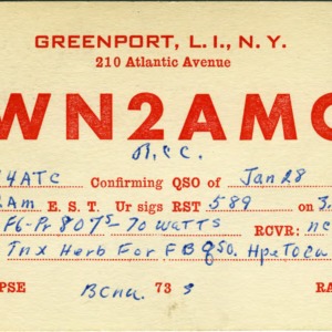 QSL Card from WN2AMC, Greenport, N.Y., to W4ATC, NC State Student Amateur Radio
