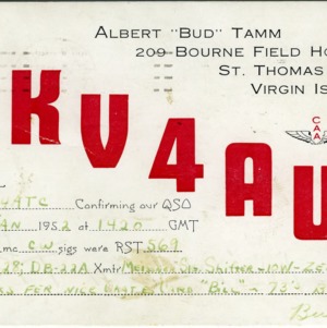 QSL Card from KV4AU, St. Thomas, Virgin Islands, to W4ATC, NC State Student Amateur Radio