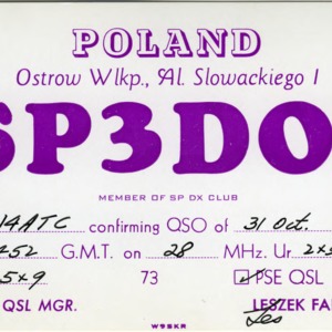 QSL Card from SP3DOI, Ostrow, Poland, to W4ATC, NC State Student Amateur Radio