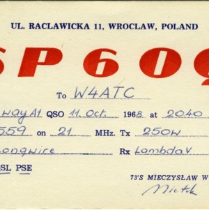 QSL Card from SP6OQ, Wroclaw, Poland, to W4ATC, NC State Student Amateur Radio