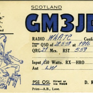 QSL Card from GM3JDR, Golspie, Scotland, to W4ATC, NC State Student Amateur Radio