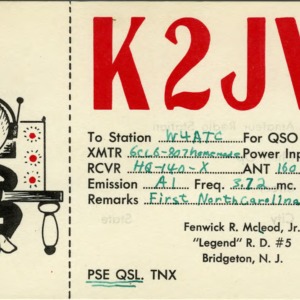 QSL Card from K2JVR, Bridgeton, N.J., to W4ATC, NC State Student Amateur Radio