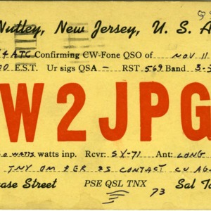 QSL Card from W2JPG, Nutley, N.J., to W4ATC, NC State Student Amateur Radio