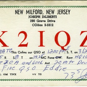 QSL Card from K2IQZ, New Milford, N.J., to W4ATC, NC State Student Amateur Radio